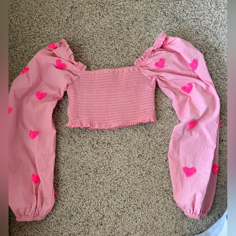 Pink Puff Sleeve Top with Heart Accents